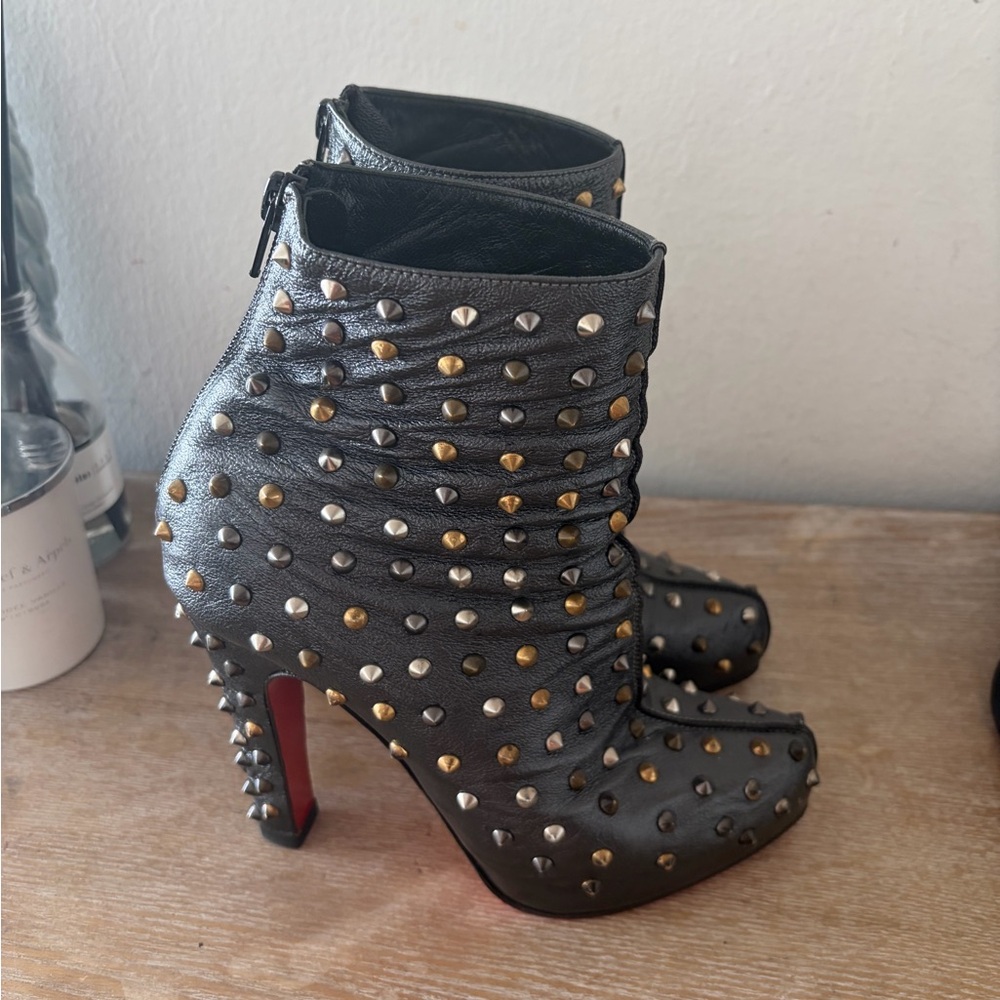 Christian Louboutin Black and Gold Studded Ankle Boots - Picture 2 of 6